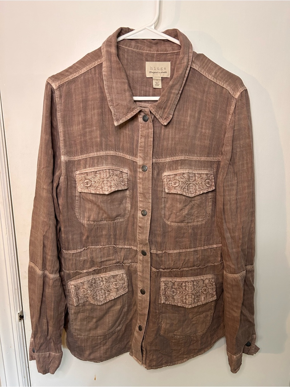 HINGE DUSTY MAUVE SHIRT JACKET W/ EMBROIDERED POCKETS HIDDEN DRAWSTRING SZ SM